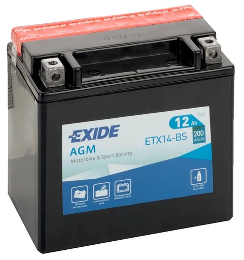 [101490] Exide ETX14-BS 12V AGM Motorcycle Battery ( YTX14-BS ) 12Ah 200cca   ETX14-BS