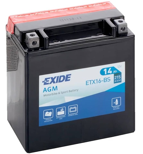 [102814] Exide ETX16-BS 12V AGM Motorcycle Battery ( YTX16-BS ) 14Ah 215cca   ETX16-BS