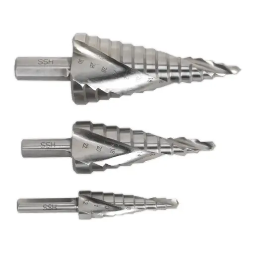 [119742] Spiral Flute HSS 4341 Step Drill Bit Set 3pc